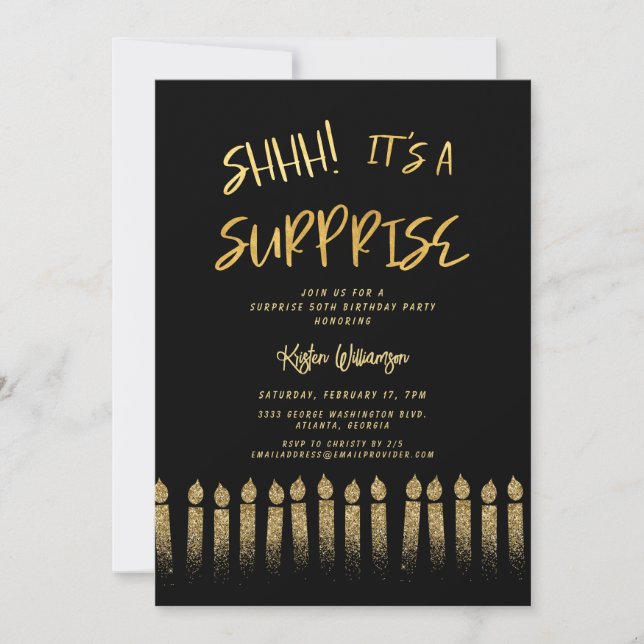 Shhh! It's a Surprise 50th Birthday Candle Black Invitation (Front)