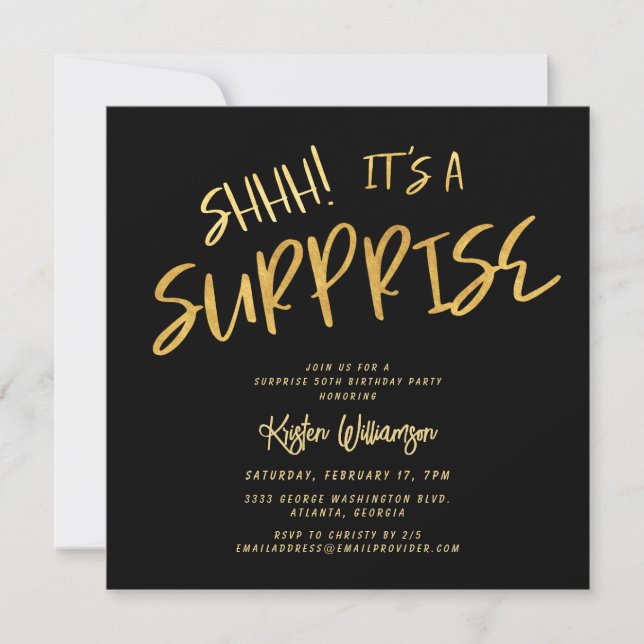 Shhh! It's a Surprise 50th Birthday Gold Black Invitation (Front)