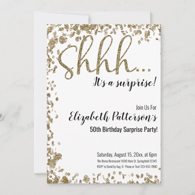 Shhh It's a Surprise Birthday Party Gold Adult  Invitation (Front)