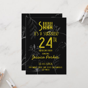 Shhh It's a Surprise Black and Gold Birthday Invitation