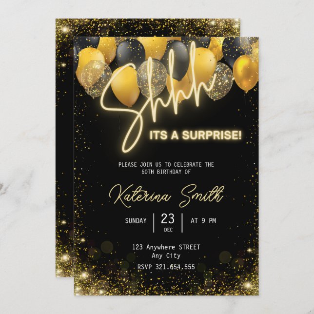 Shhh its a surprise Gold Black Birthday Invitation (Front/Back)