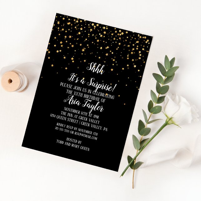 Shhh It's a Surprise Gold Confetti on Black Party Invitation (Creator Uploaded)