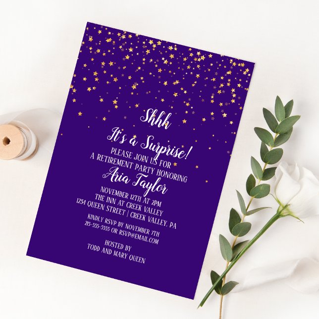 Shhh It's a Surprise Gold Confetti on Purple Party Invitation (Creator Uploaded)