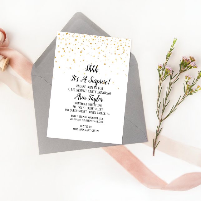 Shhh It's a Surprise Gold Confetti Retirement Invitation (Creator Uploaded)