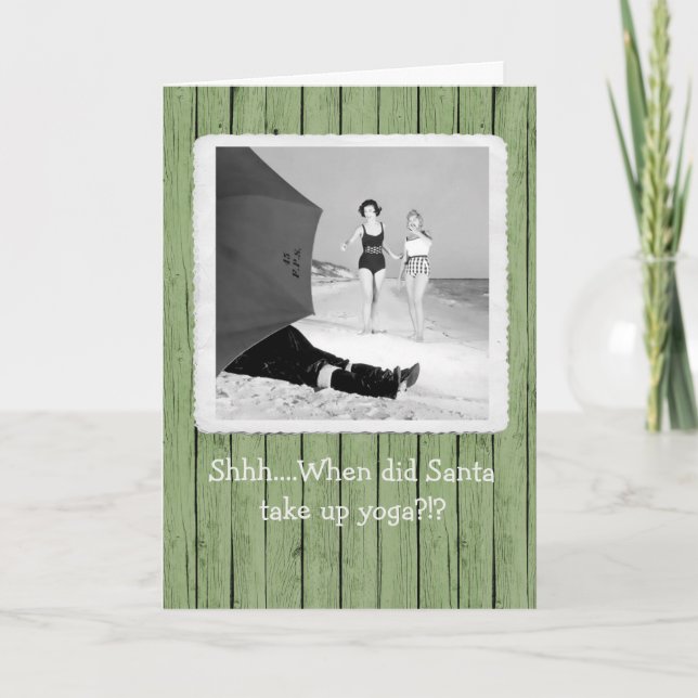 Shhh...Santa Doing Yoga  Christmas Greeting Card (Front)