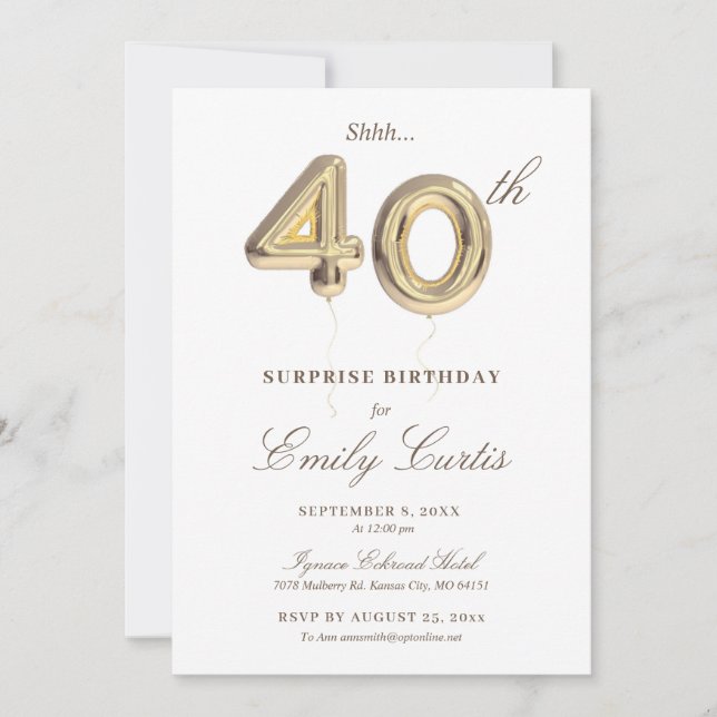 Shhh Surprise 40th Birthday Party Invitation (Front)