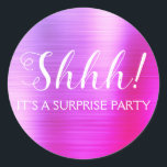 Shhh! Surprise Birthday Party - Purple Classic Round Sticker<br><div class="desc">Shhh! Surprise Birthday Party Faux Metallic Brushed Metal Purple and Pink Party Bag Seal which are perfect for a Birthday Party. This sticker  is perfect for a Shhh! Surprise Birthday Party. If you need additional customised matching items,  please contact the designer.</div>