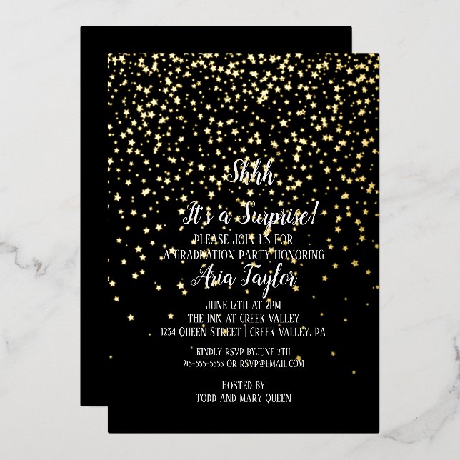 Shhh Surprise Confetti on Black Graduation Gold (Front/Back)