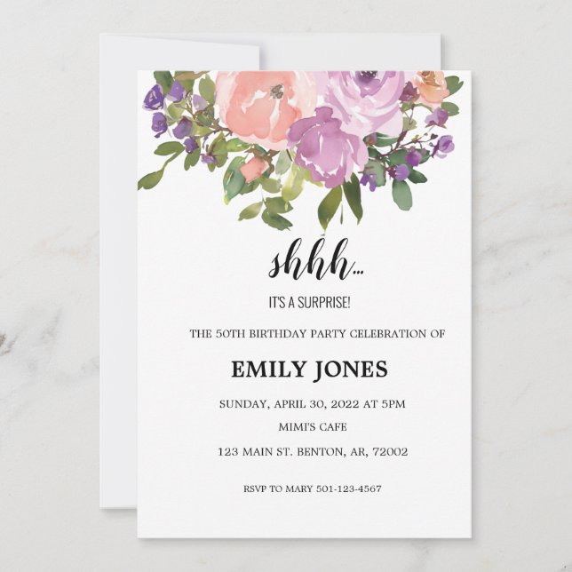 Shhh surprise floral blush pink watercolor bouquet invitation (Front)