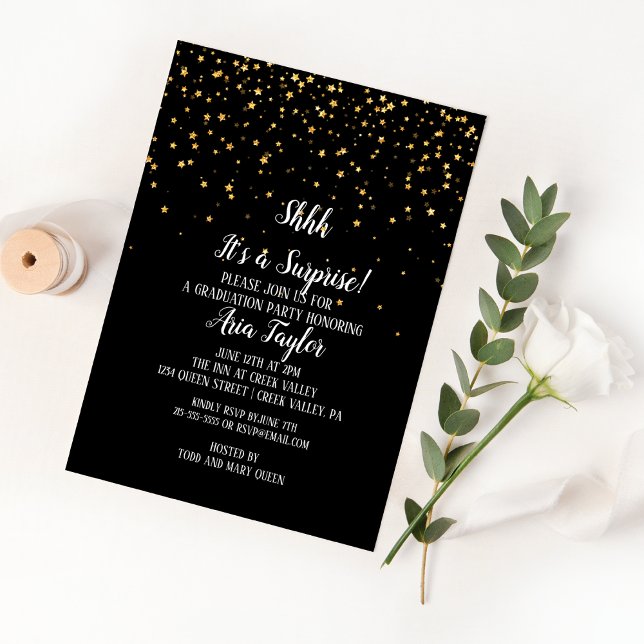 Shhh Surprise Gold Confetti on Black Graduation Invitation (Creator Uploaded)