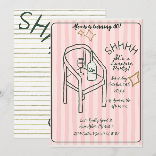 Shhh Surprise Party Pink Stripes Invitation (Front/Back)
