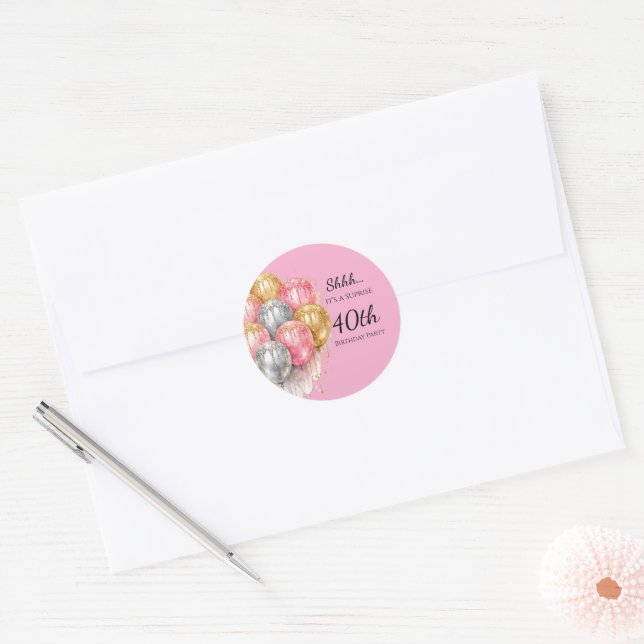 Shhh Surprise Pink Silver and Gold Birthday Party Classic Round Sticker (Envelope)