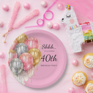 Shhh Surprise Pink Silver and Gold Birthday Party Paper Plate