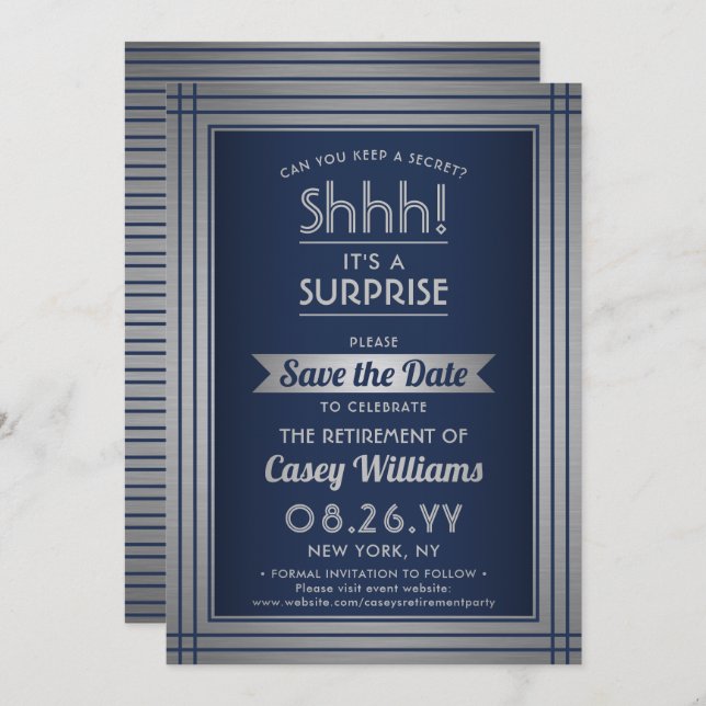 Shhh! Surprise Retirement Party Elegant Navy Blue Save The Date (Front/Back)