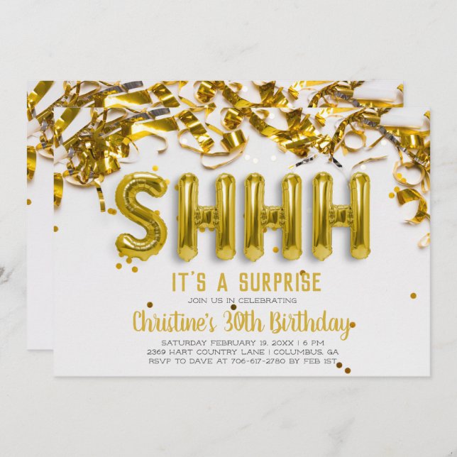 Shhhh Surprise Party Invitation | Gold Balloons (Front/Back)