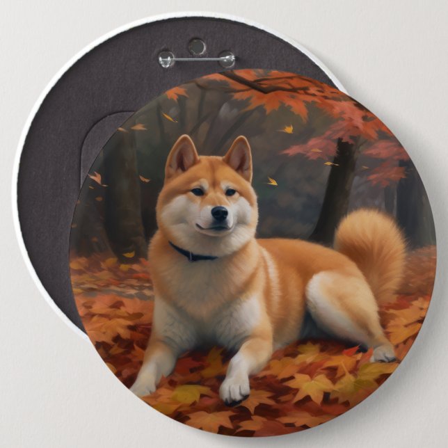 Shib Inu in Autumn Leaves Fall Inspire  6 Cm Round Badge (Front & Back)