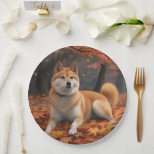 Shib Inu in Autumn Leaves Fall Inspire Paper Plate