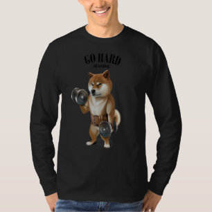 Shiba Dog Muscle Training With Dumbbell In Fitness T-Shirt