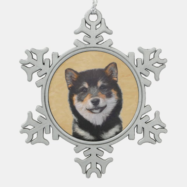 Shiba Inu (Black and Tan) Painting - Dog Art Snowflake Pewter Christmas Ornament (Front)