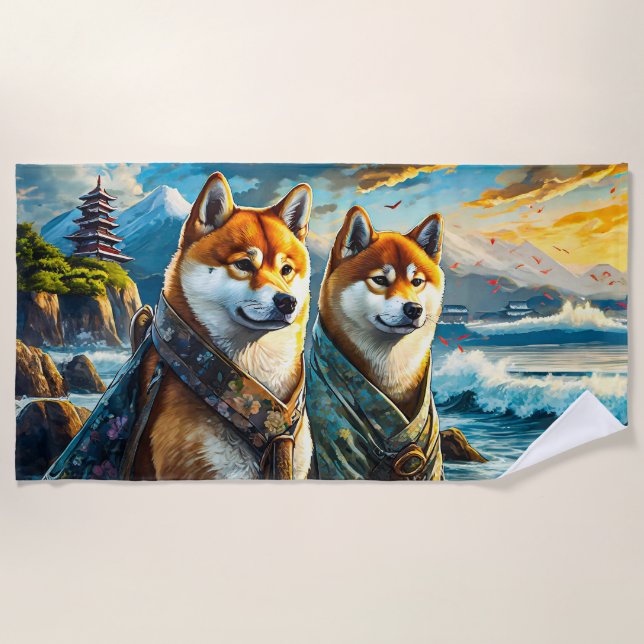 Shiba Inu By The Shore Design By Rich AMeN Gill Beach Towel (Front)