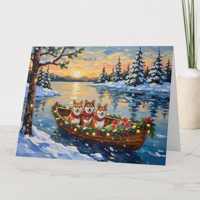 Shiba Inu Christmas Boat Holiday Card (Front)
