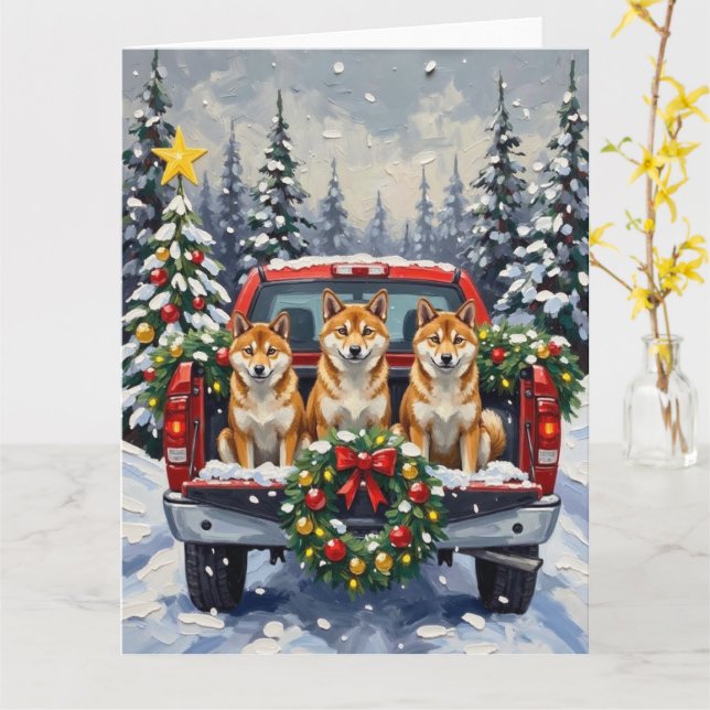 Shiba Inu Christmas Red Truck Holiday Card (Yellow Flower)