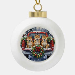 Shiba Inu Christmas Red Truck Holiday Ceramic Ball Christmas Ornament