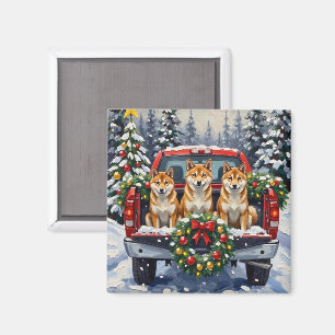 Shiba Inu Christmas Red Truck Holiday Magnet