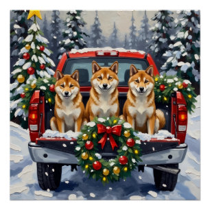 Shiba Inu Christmas Red Truck Holiday Poster
