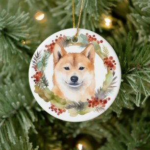 Shiba Inu Christmas Wreath Festive Pup Ceramic Tree Decoration