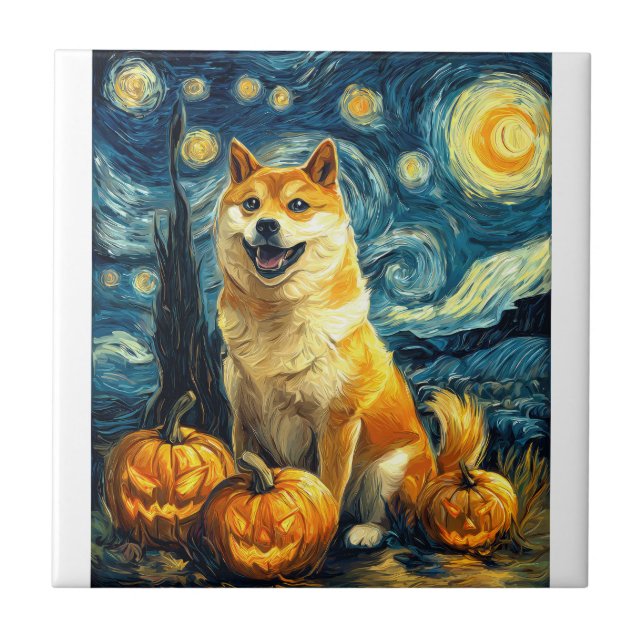 Shiba Inu Cute Dog Halloween Jack O Lantern Pumpki Tile (Front)