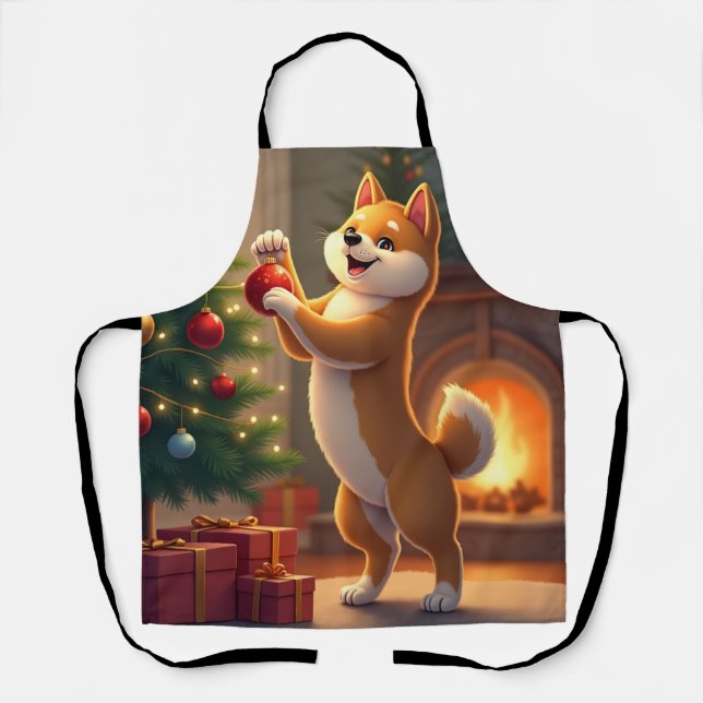Shiba Inu Decorating the Christmas Tree Painting Apron (Front)