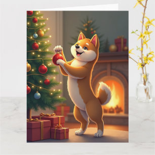 Shiba Inu Decorating the Christmas Tree Painting Card
