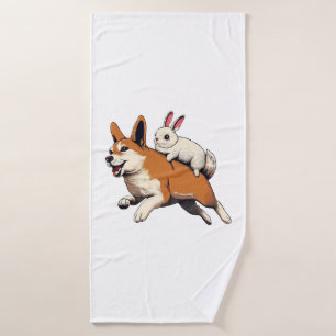Shiba Inu Dog and Rabbit - Playful Together Design Bath Towel