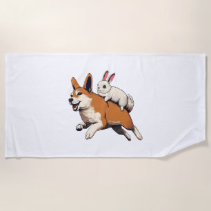 Shiba Inu Dog and Rabbit - Playful Together Design Beach Towel