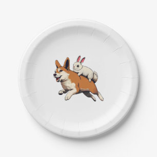 Shiba Inu Dog and Rabbit - Playful Together Design Paper Plate