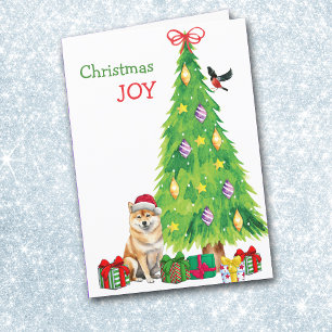 Shiba Inu Dog, Bird and Christmas Tree Holiday Card