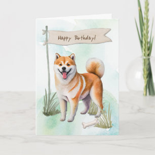 Shiba Inu Dog Breed Outdoors Under Birthday Sign Card