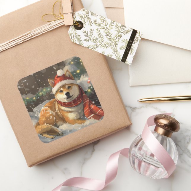 Shiba Inu Dog Christmas Festive Square Sticker (Gifting)