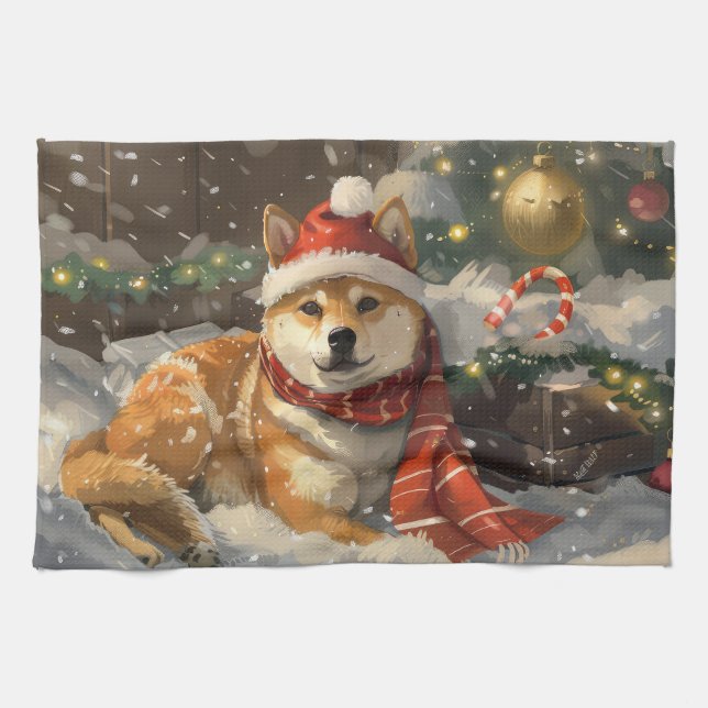 Shiba Inu Dog Christmas Festive Tea Towel (Horizontal)