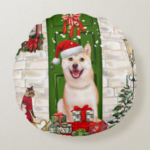 Shiba Inu Dog Christmas  Round Cushion