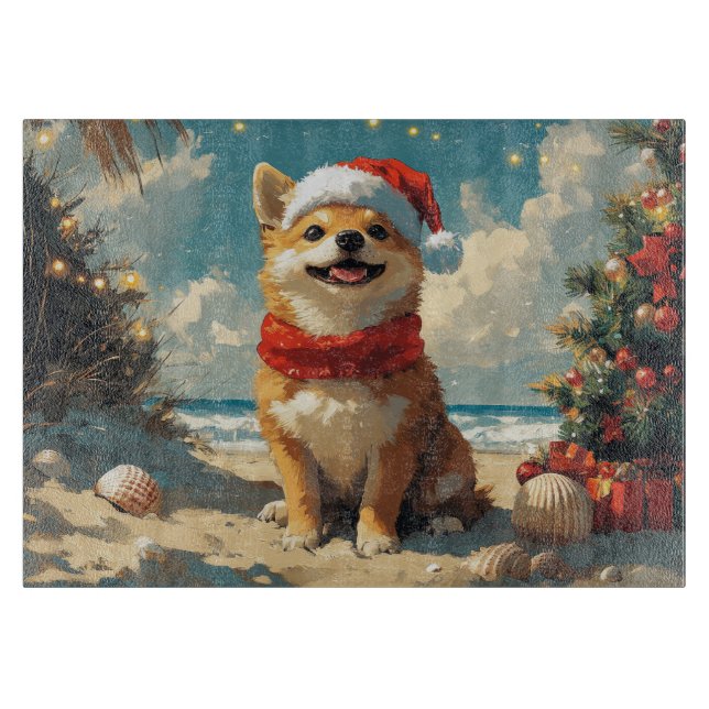 Shiba Inu Dog Christmas Vintage Beach Cutting Board (Front)