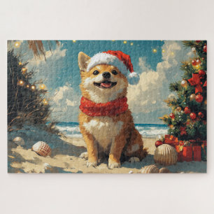Shiba Inu Dog Christmas Vintage Beach Jigsaw Puzzle