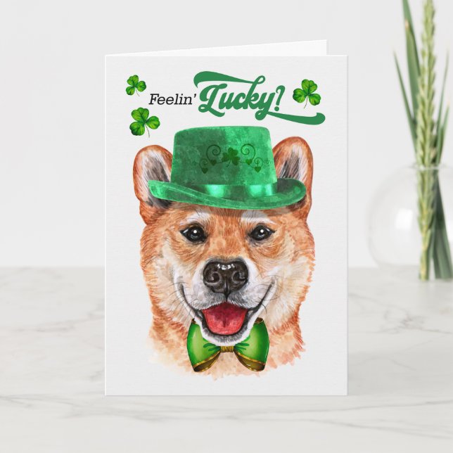 Shiba Inu Dog Feelin' Lucky St Patrick's Day Holiday Card (Front)