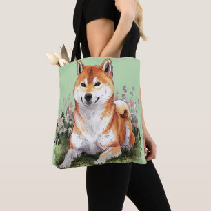 Shiba Inu Dog Green Tote Bag Watercolor Art