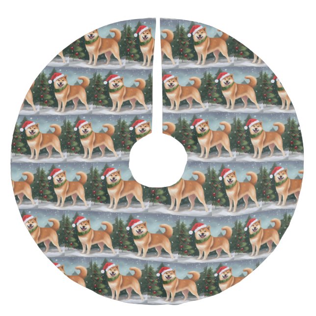 Shiba Inu Dog in Snow Christmas Brushed Polyester Tree Skirt (Front)