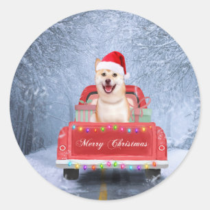 Shiba Inu Dog in Snow sitting in Christmas Truck Classic Round Sticker