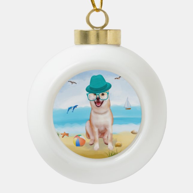 Shiba Inu Dog on Beach  Ceramic Ball Christmas Ornament (Front)