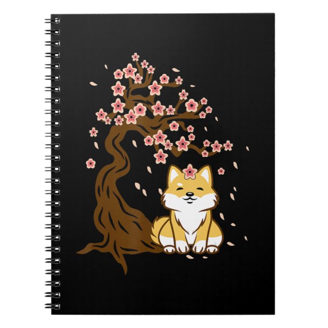 Shiba inu dog sitting under cherry blossoms tree notebook (Front)