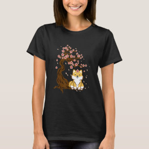 Shiba inu dog sitting under cherry blossoms tree T-Shirt
